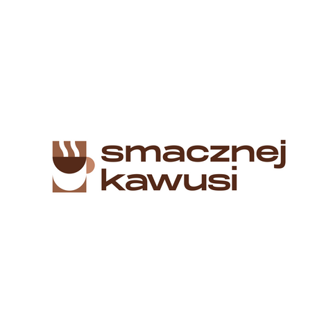Smacznej Kawusi logo, cup of coffee on the left side and text on the right.